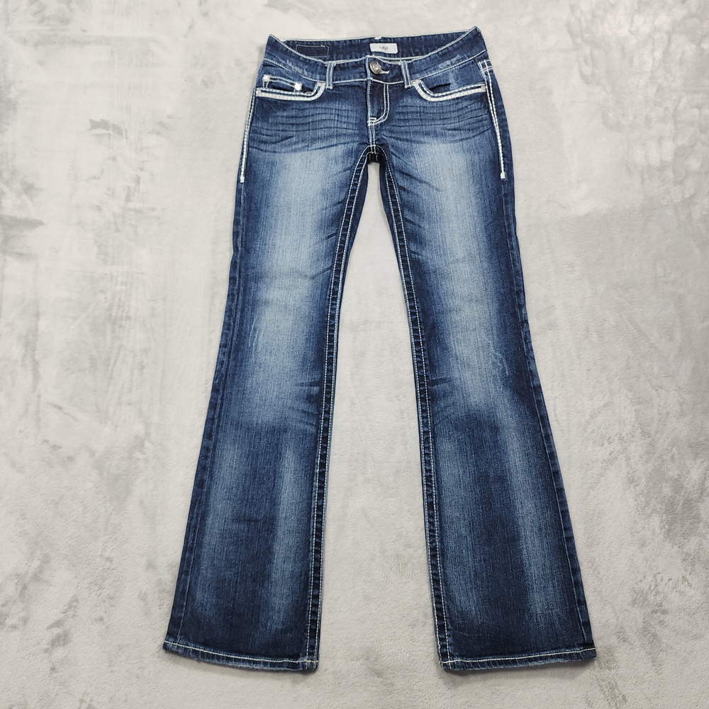 Daytrip Jeans Womens 28L LONG Blue Leo Low Rise Bootcut Rhinestone Stretch Y2K